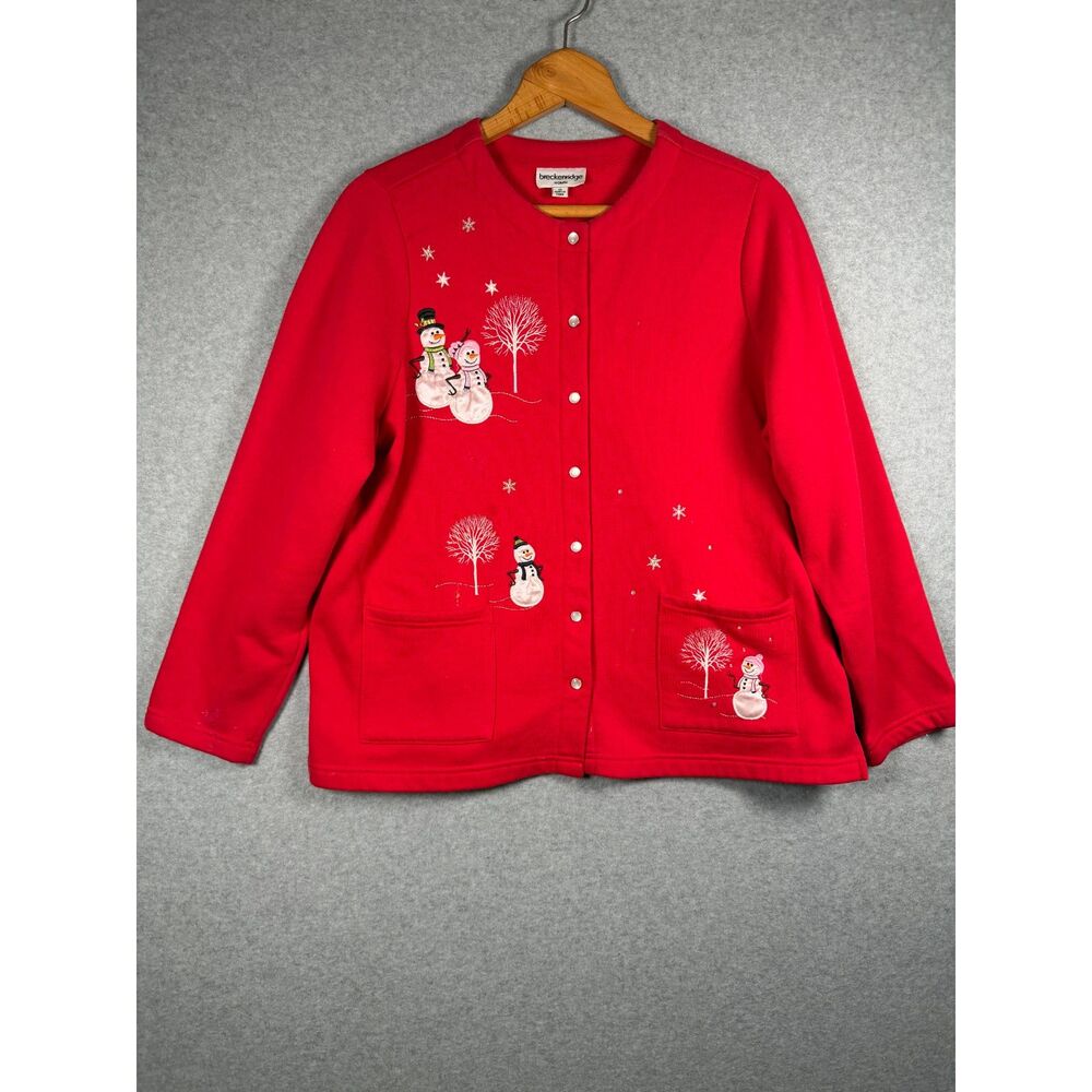 Breckenridge Woman 1X Red Snowman Embroidered Snap Cardigan Sweatshirt 3913